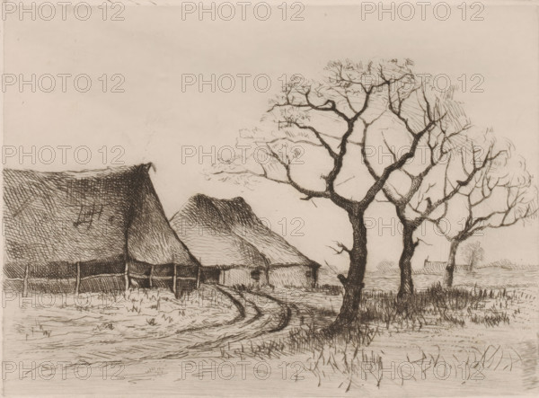 Winter landscape with farmhouse and three trees, print, inscription: 'Premiere epreuve le 20 janvier, 1886 Anvers', printmaker: Frans de Vadder (signed by artist), 1886, paper, etching, intaglio printmaking technique, retroussage, height 175 mm x width 239 mm, Presumably a landscape in the Kempen., farm or solitary house in landscape, A landscape drawing showing a row of thatched-roof buildings on the left and a group of leafed trees with dark, textured trunks on the right, a dirt path with visible wheel ruts curving between the buildings and the trees, grasses and low vegetation in the foreground, and a wide open sky above, all rendered with fine, crosshatched pen or pencil lines.