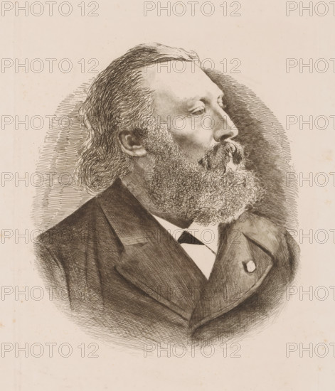 Portrait of Peter Benoît, print, printmaker: Willem Philip van der Veken, 1884, paper, etching, intaglio printmaking technique, height 241 mm x width 180 mm, Person, Peter Benoît, historical persons, adult man, beard, A detailed pen-and-ink portrait shows the head and upper torso of a man in profile facing to the right, with a high forehead, long wavy hair swept back, a full curly beard and mustache, and a visible ear. He is wearing a dark suit jacket with wide lapels over a shirt and a dark tie, and a round pin or button on the jacket lapel. Fine crosshatching and line work create shading around the face, hair, and clothing, and a textured halo of short lines surrounds the head against a plain, light background.