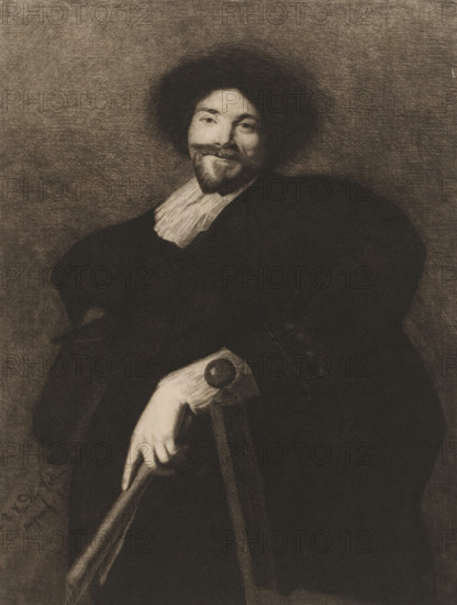 Portrait of Simon de Vos, print, mark: 'Antwerpsche Etsers 1880', printmaker: Willem Philip van der Veken, after painting by Abraham de Vries, 1885, paper, etching, intaglio printmaking technique, height 360 mm x width 240 mm, Person, Simon de Vos, historical persons, adult man, A sepia-toned portrait shows a person with a rounded dark hairstyle and a short beard, smiling slightly and looking toward the viewer; they wear a dark voluminous garment with a lighter ruffled collar visible at the neckline, and one pale hand rests on the top of a wooden cane while the other hand grips the cane shaft lower down; the background is textured with crosshatched shading.