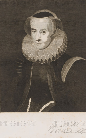 Portrait of an unknown woman, print, inscription: 'Épreuve d'état', printmaker: Willem Philip van der Veken (signed by artist), after design by Peter Paul Rubens, 1873 - 1899, Willem Philip van der Veken, Peter Paul Rubens, printmaker, after design by, paper, engraving, etching, height 298 mm x width 228 mm, historical persons, adult woman, neck-gear: collar, A monochrome engraved portrait of a person shown from the torso up wearing a dark garment with a large, ornate pleated ruff collar and a coif or headdress framing the face, the face rendered with subtle shading and a composed expression, eyes looking slightly to one side, rounded cheeks, and a small mouth; the shoulders are covered by a voluminous dark cloak with patterned texture and a rounded decorative shoulder element, and a beaded or braided ornamental cord drapes across the lower garment; the background is a textured dark field, and a light margin with faint scribbled marks appears at the bottom.