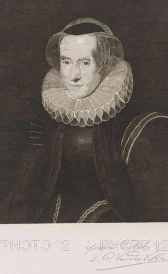 Portrait of an unknown woman, print, printmaker: Willem Philip van der Veken (signed by artist), after design by Peter Paul Rubens, 1873 - 1899, paper, engraving, etching, height 298 mm x width 230 mm, historical persons, adult woman, neck-gear, clothing, A monochrome engraved portrait of a person shown from the chest upward wearing a high, pleated ruff collar and a dark garment with rounded, padded shoulders and decorative stitching. The person's face is pale with short hair partially covered by a close-fitting cap, with a calm, neutral expression and eyes looking forward. The ruff is detailed with repeated curved folds and the clothing shows fine linear shading and patterned textures. A short chain is visible across the lower chest area. The background is a dark, evenly textured field, and a light margin appears at the bottom with a partially visible cursive inscription.