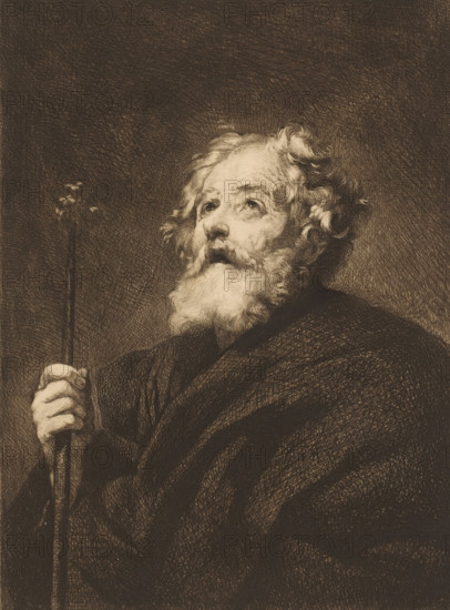 Saint Joseph with staff, print, mark: 'Antwerpsche Etsers 1880', printmaker: Piet Verhaert, after painting by Peter Paul Rubens, 1888, paper, etching, intaglio printmaking technique, height 317 mm x width 241 mm, the foster-father of Christ, Joseph of Nazareth, husband of Mary, possible attributes: flowering rod or wand, lily, carpenter's tools, An etched portrait of an older man shown from the chest up holding a long staff, his hair and beard are thick and curly, his eyes are uplifted and his mouth is slightly open, he wears a heavy, draped garment and the image is composed of dense crosshatched lines creating deep shadow and textured background.