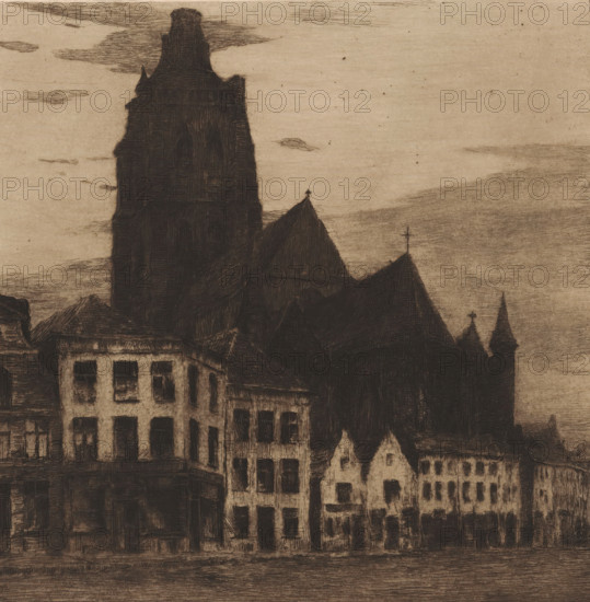 View of the Saint Walburga Church in Oudenaarde, print, annotation: '1a, 12, 77 in drawn triangle', printmaker: Albert Baertsoen (signed by artist), Belgium, 1876 - 1913, paper, etching, drypoint, intaglio printmaking technique, height 300 mm x width 296 mm, urban housing, church (exterior), Oudenaarde, A sepia-toned ink drawing of a city skyline dominated by a tall dark tower with textured shading, adjacent steeply pitched roofs topped with small crosses, and rows of narrow multi-story buildings with recessed windows; the sky is lightly shaded with wispy clouds and the foreground shows a darker horizontal area suggesting a street or riverfront.