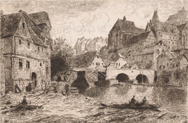 Cityscape with river, print, inscription: 'From 'Radigungen' Weimar 1885', printmaker: Theodor Hagen, publisher: Weimarer Radierverein, Weimar, 1885, Thuringia, paper, chine collé, etching, intaglio printmaking technique, height 161 mm x width 240 mm, Print is part of a group of prints published between 1880 and 1888 by the Gesellschaft für Radierkunst in Weimar., city-view in general, 'veduta', bridge, A detailed pen-and-ink scene shows a riverside village with stone and timber buildings clustered along the water, steep pitched roofs, a prominent arched bridge spanning the river, and reflections in the rippled water. On the near bank are rough stones, wooden beams, barrels, and small boats, one boat with two silhouetted figures seated. Trees and dense foliage appear near the center left, while churchlike structures and tall rooflines rise toward the background. The sky is filled with swirling, hatched cloud patterns, and fine crosshatching and line work define the textures of masonry,...