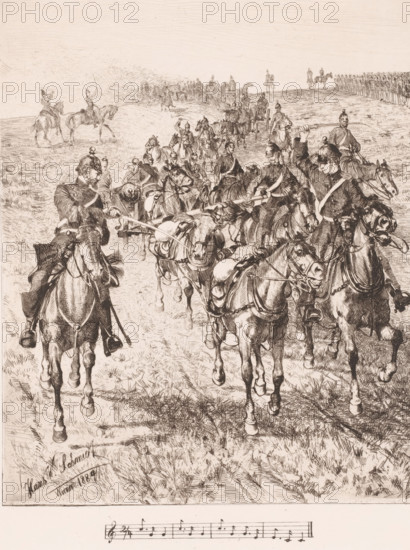 March! March! (Manöverszene), Artillery, print, : 'From 'Radierungen' Weimar 1885 Hans W. Schmidt', printmaker: Hans W. Schmidt, Weimar, publisher: Weimarer Radierverein, 1885, Thuringia, paper, chine collé, etching, height 302 mm x width 220 mm, assembling of military forces, mobilization, troop concentration, A detailed monochrome drawing shows a long column of mounted soldiers and horses moving across a grassy landscape, with riders in uniform and helmets, some holding reins and some carrying long poles or lances; the horses are depicted in various poses with bridles, saddles, and harnesses visible, and several riders sit forward in the foreground while more figures and animals extend into the distance where lines of troops stand along a ridge; the foreground grass is rendered with fine strokes and the overall scene includes clustered groups of riders, a few isolated figures on horseback further back, and a narrow strip at the bottom containing a short musical staff with notes.