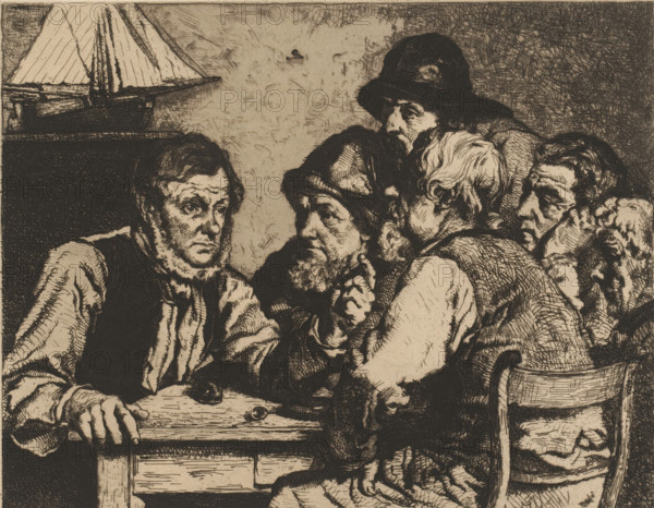 Sailors seated at a table listening to one of them, print, inscription: 'Tire a 2 exemplare 5 état', printmaker: Piet Verhaert, c. 1879, paper, chine collé, etching, retroussage, intaglio printmaking technique, height 209 mm x width 258 mm, seaman, table, ship-model, story teller, listening to story teller, A sepia-toned etching shows a group of men crowded around a wooden table, their faces rendered with dense crosshatching and varied expressions; one man at the left rests an arm on the table and looks toward the center with a furrowed brow, while the men to the right lean in close, some with hands near their faces and one wearing a wide-brimmed hat; detailed lines suggest textured clothing, beards, and hair, and a small model sailboat sits on a high surface behind them against a lightly textured background.