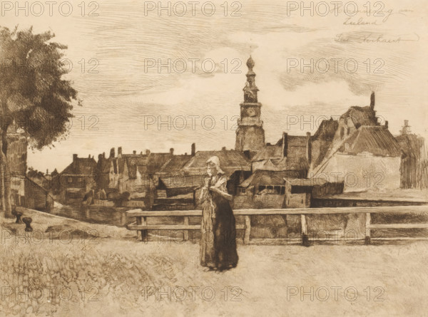 Memory of Zeeland, Woman in Zeeland traditional costume with a view of Vlissingen in the background, print, The church in the background is the St. James Church in Vlissingen., mark: 'Antwerpsche Etsers 1880', printmaker: Piet Verhaert, 1890, paper, etching, intaglio printmaking technique, retroussage, roulette, aquatint, height 240 mm x width 320 mm, adult woman, folk costume, regional costume, prospect of city, town panorama, silhouette of city, Flushing, A sepia-toned sketch of a town scene showing rooftops, chimneys, and a tall ornate tower rising above the buildings, with a sky of fine horizontal hatch marks; in the foreground a woman wearing a long dress and a bonnet stands by a wooden railing or fence, and to the left a large leafy tree frames the scene while low structures and a canal or water edge lie between the foreground and the distant buildings.