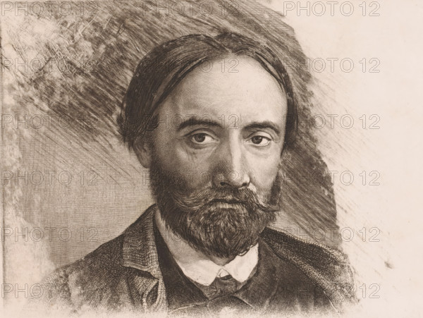 Self-portrait, print, printmaker: Charles Verlat, 1868, paper, etching, drypoint, roulette, intaglio printmaking technique, height 192 mm, width 248 mm, A sepia-toned, finely detailed portrait drawing of a man shown from the shoulders up, featuring a full beard and mustache, medium-length hair parted in the middle and combed back, and prominent eyes looking slightly forward. The man's face displays careful crosshatching and shading, with visible lines rendering his forehead, cheeks, and the texture of his facial hair. He wears a collared shirt and a jacket with a textured pattern, the fabric indicated by dense stippling and hatch marks. The background consists of diagonal and crosshatched strokes creating a darker area behind the head that fades into lighter, sparsely shaded space toward the edges. The overall image has a textured, etched appearance with variations in line density and tone.