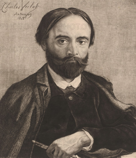 Self-portrait, print, printmaker: Charles Verlat, 1868, paper, chine collé, etching, drypoint, roulette, retroussage, intaglio printmaking technique, height 293 mm x width 254 mm, A detailed monochrome drawing of a seated man shown from the torso up, with straight dark hair parted in the middle, a full beard and mustache, and deep-set eyes looking forward; he wears a collared shirt with a visible buttoned coat and a textured outer garment draped over his shoulders, one hand resting across his lap holding a slender object, and a finely crosshatched background filling the space behind him.