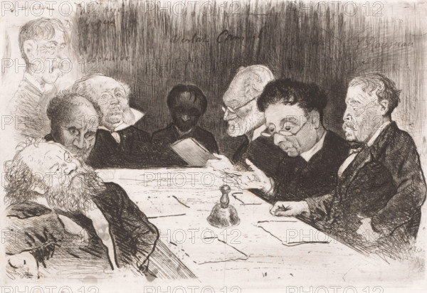 Commission for the reorganization of the Antwerp Academy, print, Somewhat caricatural portraits of the members of a commission of the Royal Academy of Fine Arts in Antwerp., annotation: 'Messieurs les membres dela commission, pour la réorganisation de l'academie, Royale d'Anvers 1879', annotation: '... Winter, de Laye, Lageye, Schadde, Verlat Canneel Wagner J. Rousseau', printmaker: Charles Verlat, 1879, paper, etching, drypoint, retroussage, aquatint, height 185 mm x width 274 mm, The surnames of the sitters are mentioned on the print (except for the first state). For most, it is clear which person is being referred to; however, with Winter, and Wagner, this is not yet the case., Person, Victor Lagye, Jozef Schadde, Théodore Joseph Canneel, Jean Rousseau, historical persons, academy, association of artists, place or institution of education and training of the artist, eg: academy of art, societies and directory boards, A monochrome etching showing a group of seated men around a table;...
