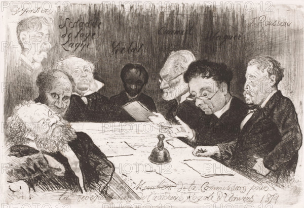 Messieurs les Membres de la Commission pour la reorganisation de l'academie Royale d'Anvers 1879, Commissie voor reorganisatie van de Antwerpse Academie, print, Somewhat caricatural portraits of the members of a committee of the Royal Academy of Fine Arts in Antwerp., inscription: 'Winter, Schadde, de Laye, Lagye, Verlat, Canneel, Wagner, J. Rousseau', printmaker: Charles Verlat, 1879, paper, etching, drypoint, retroussage, aquatint, height 184 mm x width 273 mm, The surnames of the sitters are mentioned on the print (except for the first state). For most, it is clear which person is being referred to; however, with Winter, and Wagner, this is not yet the case., Person, Victor Lagye, Jozef Schadde, Théodore Joseph Canneel, Jean Rousseau, historical persons, academy, association of artists, place or institution of education and training of the artist, eg: academy of art, societies and directory boards, A group of men with varied facial hair and expressions sit and lean around a rectangu...