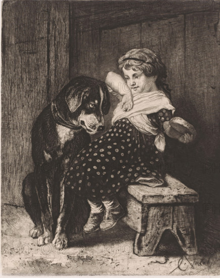 Girl with dog looking at her sandwich, print, printmaker: Charles Verlat, 1834 - 1890, paper, chine collé, etching, drypoint, roulette, retroussage, intaglio printmaking technique, height 241 mm x width 195 mm, dog, filled breads, rolls, eg sandwich, hamburger, A monochrome etching shows a young girl seated on a rough wooden stool next to a large dog. The girl wears a patterned dress with a polka-dot skirt, a light scarf draped across her shoulders, and a headband holding back curly hair. She has one arm raised with her hand near her face and the other hand rests on a round object. The dog sits close beside her, facing slightly toward her with its head lowered and eyes visible. The scene is set against a textured wooden wall and floor, with visible grain and worn surfaces. The girl's shoes and the dog's paws rest on the floor, and the stool displays visible wear and wood grain.