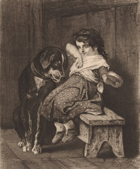 Girl with dog looking at her sandwich, print, printmaker: Charles Verlat, 1834 - 1890, paper, etching, drypoint, roulette, retroussage, intaglio printmaking technique, height 237 mm x width 195 mm, dog, filled breads, rolls, e.g. sandwich, hamburger, A seated child wearing a patterned skirt and a light shawl holds a round object in one hand while resting the other arm across their face, and a large dog sits close beside the child with its head lowered toward them; the scene is rendered in detailed dark lines and shading, showing worn wooden floorboards and a simple wooden bench, textured walls in the background, the child's curly hair and soft facial features, the dog's fur markings and paws, and visible folds and patterns in the clothing.