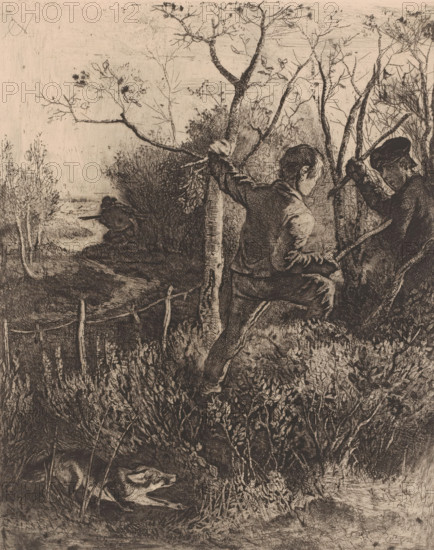 Landscape with hunter and two fighting boys, print, printmaker: Charles Verlat, 1834 - 1890, paper, chine collé, etching, drypoint, retroussage, aquatint, intaglio printmaking technique, height 245 mm x width 200 mm, landscapes, hunter, fighting, A detailed monochrome etching shows a wooded scene with dense undergrowth and slender trees with bare branches. Two boys are positioned near the center and right, one facing slightly away and leaning against a tree while the other, wearing a cap, holds a branch and looks toward the first boy. In the left background, a figure crouches near the edge of a clearing or water. A low wooden fence runs across the middle ground. In the lower left foreground, a fox lies partially concealed in the foliage with its head turned to the side. The sky area is mostly empty with faint texture, and the overall image is rendered with fine cross-hatched lines and varied shading.