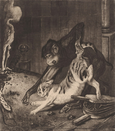 Monkey forces a cat to pull the chestnuts out of the fire, print, The monkey Bertrand persuades the cat Raton to pull chestnuts out of the fire for him. He promises him a share, but the monkey eats it all himself. Fable by Jean de La Fontaine 'The Monkey and the Cat'., printmaker: Charles Verlat, 1834 - 1890, paper, chine collé, etching, drypoint, retroussage, intaglio printmaking technique, height 255 mm x width 205 mm, cat, monkeys, apes, fables, fruits: chestnut, A dark, detailed etching shows two animals entangled on a floor: a cat with light fur and dark patches lies stretched with an expression of distress, its paws splayed and body twisted, while a larger dark-furred primate presses over it with one arm draped across the cat and the other reaching toward the floor, its face turned down and brows furrowed. The scene includes a rough textured floor scattered with small round objects and debris, a section of a carved wooden stool with curved legs and decorative bands, a cylindrical...