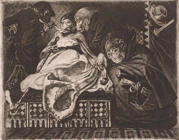Sick monkey with a pipe, print, A monkey is examined by three monkeys dressed as doctors., printmaker: Charles Verlat, 1834 - 1890, paper, etching, drypoint, retroussage, intaglio printmaking technique, height 198 mm x width 246 mm, monkeys, apes, animals acting as human beings, medicament, medicine, A monochrome etching showing four primate figures clustered on a patterned bench, one central figure reclining under a draped cloth with a walking stick across its lap, another figure leaning close and looking toward the reclining figure, a third figure on the left bent forward and appearing to hold a spoon near the central figure’s mouth, and a fourth figure on the right partially wrapped in a cloak and peering outward. The scene includes a geometric patterned front panel beneath the bench, a tiled floor with diamond and oval motifs, a carved vertical post to the right with a suspended hat and draped fabric, and detailed crosshatched shading throughout the background and clothing. The clo...