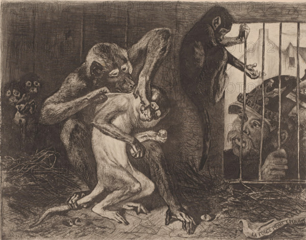 La force prime le droit, Otto von Bismarck by a cage with monkeys, print, The Prussian statesman Otto von Bismarck looks through the bars of a cage in which a monkey violently steals food from another monkey. In the foreground, a cloth bearing Von Bismarck's statement 'La force prime le droit'., printmaker: Charles Verlat, c. 1850 - 1890, Charles Verlat, printmaker, paper, chine collé, etching, drypoint, retroussage, intaglio printmaking technique, height 196 mm x width 247 mm, historical persons, official, civil servant, functionary (in general), monkeys, apes, A monochrome etching shows several primates clustered in a dim, textured interior; one large ape sits hunched in the foreground with detailed fur and musculature, holding and examining a smaller primate whose mouth is open and whose limbs hang limp. To the right a darker ape grips vertical bars and leans toward a barred opening where a human face wearing a hat peers in from outside, visible through the bars. In the left backgro...
