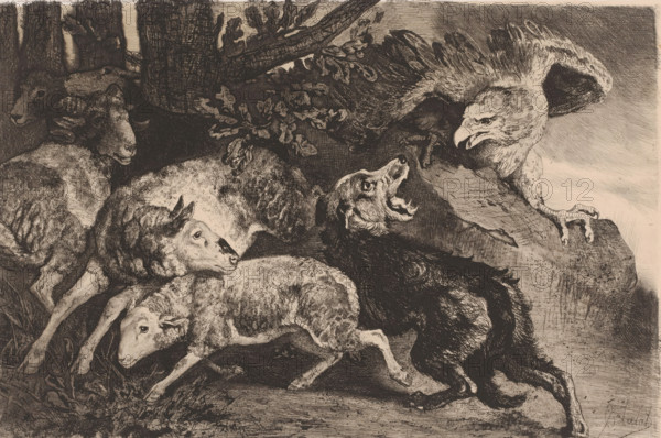 Sheep attacked by an eagle, print, printmaker: Charles Verlat, 1834 - 1890, paper, chine collé, etching, drypoint, retroussage, intaglio printmaking technique, height 188 mm x width 278 mm, sheep, predatory birds: eagle, A monochrome etching shows several sheep clustered together with textured wool and visible faces, one sheep in the foreground looking sideways, another sheep partially overlapping it, and additional sheep behind them; to the right a canine-like animal stands with its mouth open, fur rendered in dark lines, facing a large bird perched on a rock with detailed feathers and a hooked beak, the bird extending one taloned foot toward the edge of the rock; behind the animals are tree trunks and branches with leaves, and the ground beneath them is shaded with crosshatching and scratch marks.