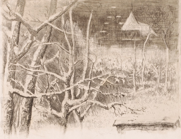 Snow landscape with castle, print, printmaker: Charles Verlat, 1834 - 1890, paper, etching, intaglio printmaking technique, height 189 mm x width 236 mm, snow, landscape with tower or castle, A monochrome etching showing a dense foreground of leafless tree trunks and tangled branches with visible bark texture and crosshatch shading, a middle ground of more slender bare trunks and underbrush, and a background containing a lightly rendered structure with a pitched roof partially obscured by trees, all depicted with fine linear marks and varying tones.