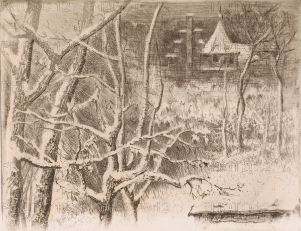 Snow landscape with castle, print, printmaker: Charles Verlat, 1834 - 1890, paper, etching, intaglio printmaking technique, height 188 mm x width 236 mm, snow, landscape with tower or castle, A monochrome sketch showing a dense foreground of tree trunks and intertwined bare branches with textured bark and crosshatching, a middle ground of grasses and low vegetation rendered with short, linear strokes, and in the background a small peaked-roof structure partially obscured by trees alongside a vertical pole with horizontal crosspieces, all depicted with fine, sketchy lines and varied shading.