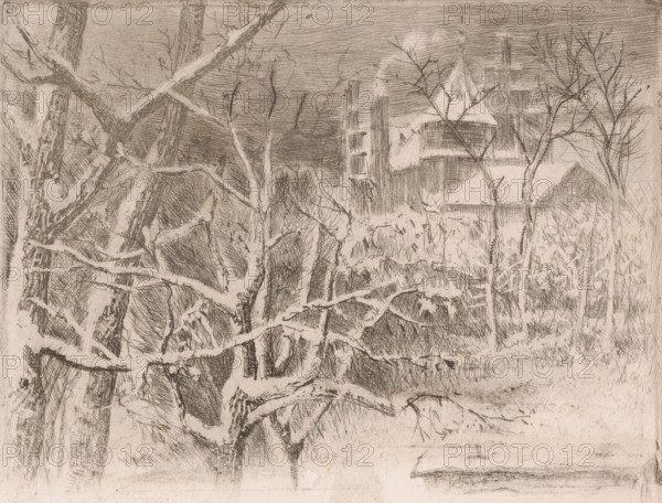 Snow landscape with castle, print, printmaker: Charles Verlat, 1834 - 1890, paper, etching, intaglio printmaking technique, height 187 mm x width 236 mm, snow, landscape with tower or castle, A detailed monochrome sketch showing a winter scene with many bare tree branches crisscrossing the foreground, some branches covered in a light suggestion of snow, and tree trunks with textured bark. Behind the trees a building with pointed roofs and steep gables is partially visible, with vertical structural elements and shaded surfaces. Thin, leafless saplings and shrubbery occupy the middle ground, and the sky is rendered with horizontal hatch marks. The overall image uses fine crosshatching and line work to create texture and depth.