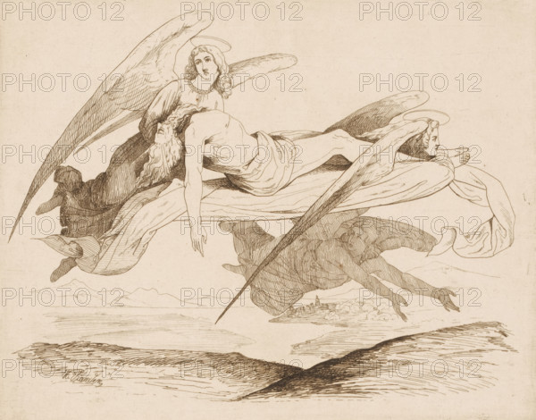 Saint carried by angels, print, printmaker: Heinrich Vianden, Germany (possibly), 1836, paper, etching, intaglio printmaking technique, height 197 mm x width 250 mm, angels, city-view, and landscape with man-made constructions, being carried, A finely detailed pen-and-ink drawing shows three winged figures in flight across a pale background. One figure lies draped on a cloth with long hair falling back and an arm hanging downward, another figure supports this reclining figure from behind with a calm face and a halo, and a third figure at the front faces sideways with an outstretched arm and a halo, wings arched around each body. Flowing drapery and feathered wings are rendered with fine hatching, and below them a distant shoreline and low hills are indicated with light linear strokes. The composition is monochrome with delicate line work and areas of crosshatching defining form and shadow.