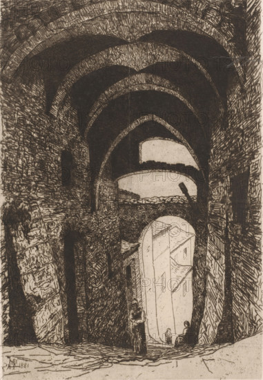Gate with vaults, print, annotation: '2 etat, 10 January 1882, Son Altesse Royale compte terminer cette planche, à la pointe sèche, par conséquent veuillez faire une, épreuve, l'état naturel de la plaque.', annotation: 'Veuillez enlever la barbe si cela devient trop, noir, faites cette epreuve le plus tôt possible, et l'envoyer aù Palais de Son Altesse, Royale - Van der Hecht', printmaker: Maria van Hohenzollern-Sigmaringen (Countess of Flanders), 1882-01-10, paper, etching, drypoint, retroussage, intaglio printmaking technique, height 318 mm x width 220 mm, This print contains notes by Guillaume Van der Hecht (1817-1891). This draftsman was the teacher of the Countess of Flanders, who taught her the technique of etching. The notes on this sheet are intended for the person making the prints; the Countess did not do the printing herself. The note urges that the print be made as soon as possible and sent to the palace., city-gate, A tall, narrow view of a stone passageway with layered, p...
