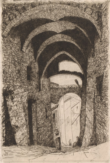 Gate with arches, print, printmaker: Maria van Hohenzollern-Sigmaringen (Countess of Flanders), 1881, paper, etching, drypoint, retroussage, intaglio printmaking technique, height 318 mm x width 217 mm, city-gate, A tall, narrow stone passageway with textured brick walls and a series of layered, curved arches overhead; light filters in through a distant open arch revealing the facades of buildings beyond; a few small human figures stand or sit near the bright opening and along the sloped floor; the stone surfaces show hatch-like shading and crosshatching, with darker recessed arch interiors and lighter worn edges; a narrow window opening and arched niches appear along the walls, and a vertical wooden beam leans near the distant arch.