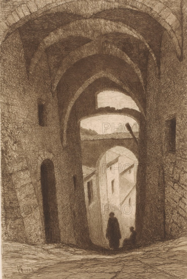 Gate with arches, print, printmaker: Maria van Hohenzollern-Sigmaringen (Countess of Flanders), 1883, paper, etching, drypoint, retroussage, intaglio printmaking technique, retroussage and plate tone in brown, height 308 mm x width 209 mm, city-gate, A sepia-toned architectural scene shows a tall vaulted passageway with layered arches and textured stone walls. Light filters through an arched opening revealing rooftops and distant landscape beyond. Narrow vertical windows and recessed openings punctuate the walls, and two silhouetted figures stand near the lower archway, one taller and one shorter. The foreground floor is marked by linear shading and crosshatching, while the entire image is rendered with dense, fine etched lines creating tonal variation and surface texture.