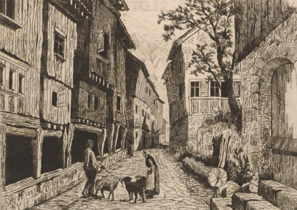 View of a street in Werdenberg, print, printmaker: Maria van Hohenzollern-Sigmaringen (Countess of Flanders), 1875, paper, etching, drypoint, retroussage, intaglio printmaking technique, height 190 mm x width 260 mm, village street, Werdenberg, A narrow cobblestone street lined with tall, timber-framed buildings on both sides, some with overhanging upper stories and visible wooden beams, leads toward distant rooftops and faintly sketched mountains; two human figures stand near the foreground, one holding a stick and another bending slightly, near two dark-coated dogs; a tree with sparse leaves rises beside a building with shuttered windows and a small balcony, and a stone archway with textured masonry appears on the right; scattered logs and rough stonework border the street, and small plants and foliage grow near the buildings.