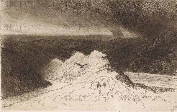 Mountain landscape with dark clouds, print, printmaker: Maria van Hohenzollern-Sigmaringen (Countess of Flanders), 1868 - 1912, paper, etching, drypoint, intaglio printmaking technique, height 172 mm x width 265 mm, mountains, cumulonimbus, ie thunder clouds, A monochrome landscape drawing showing a winding path or river leading toward distant hills, with heavily shaded, textured hills and cliffs on either side, dense scribbled foliage and grass patterns covering the slopes, and a cluster of paler, more sparsely detailed hills or dunes near the center foreground; a dark, clouded sky with layered, swirling hatch marks fills the upper area, and a bird with outstretched wings is visible above the central lighter hill.