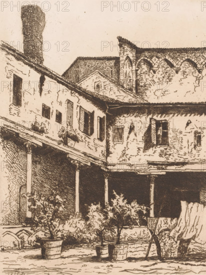 Courtyard with potted plants, print, printmaker: Maria van Hohenzollern-Sigmaringen (Countess of Flanders), 1881, paper, etching, drypoint, retroussage, intaglio printmaking technique, height 268 mm x width 199 mm, courtyard, potted plants, A sepia-toned architectural sketch of an old building with a tiled sloping roof, shuttered windows, and textured stone walls, showing a covered colonnade with slender columns supporting an overhang, potted plants and small trees in containers arranged along a courtyard edge, an awning or cloth draped over a frame, a tall chimney rising beyond the roofline, and a background of ornate arched stonework partially visible above the main structure.
