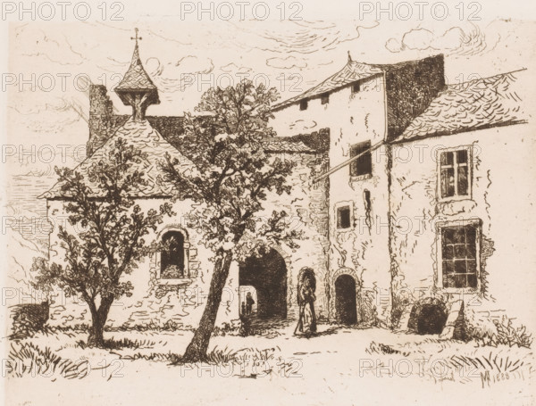 View of a chapel, print, printmaker: Maria van Hohenzollern-Sigmaringen (Countess of Flanders), 1883, paper, etching, retroussage, intaglio printmaking technique, height 199 mm x width 261 mm, parts of church exterior and annexes: chapel - QQ - small church, chapel, An ink drawing of an old courtyard scene showing stone buildings with tiled roofs and a small bell tower, trees with detailed foliage in front of the buildings, arched doorways and a recessed passage, windows with panes, a woman standing near an archway, another small silhouetted figure visible through a distant arch, textured stone walls with cracks and shading, a barrel or large round object leaning against a wall, scattered grass and ground texture in the foreground, and clouds sketched across the sky.