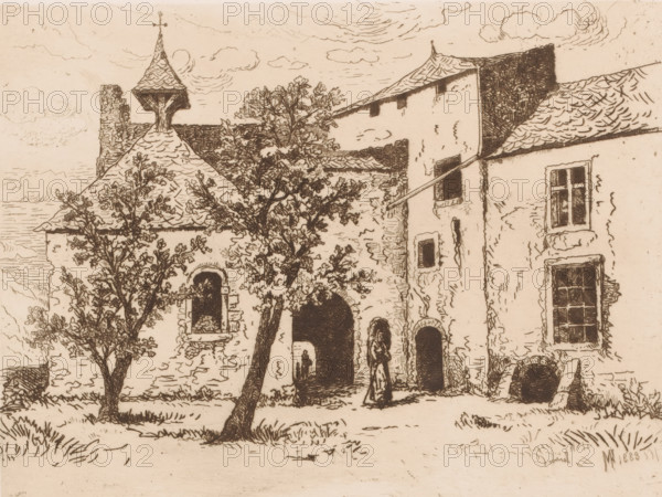 View of a chapel, print, printmaker: Maria van Hohenzollern-Sigmaringen (Countess of Flanders), 1883, paper, etching, retroussage, intaglio printmaking technique, height 199 mm x width 264 mm, parts of church exterior and annexes: chapel - QQ - small church, chapel, A sepia-toned ink drawing of a rustic courtyard scene with several connected buildings, pitched roofs and textured shingles, a small bell tower with a cross, arched doorways and windows with thick stone surrounds, and a leaning tree with leafy branches in the foreground. Two human figures stand near one of the arches, and another small figure is visible through a distant archway. Vegetation including grass and shrubs grows along the ground and near the building walls. The sky contains scattered clouds rendered with fine linear strokes.