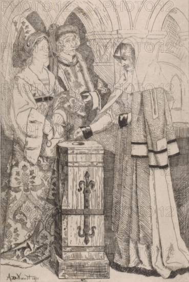 Widow gives a gift, print, printmaker: Albrecht de Vriendt, 1871, paper, chine collé, etching, height 295 mm x width 202 mm, A later state of this print appeared in: Album du journal des Beaux-Arts, dix eaux-fortes inédites. Brussels: Decq et al., 1871. On the front page of the publication titled: De Penning der Weduwe., offertory-box, offertory-bag, widow, A monochrome line drawing shows three robed figures standing around a tall rectangular wooden box with metal fittings and decorative motifs; two figures on the left wear patterned heavy garments and elaborate headwear, one with a fur-edged robe and ornate patterned skirt and the other with a hat and embroidered cloak, both looking toward the figure on the right, who is hooded and leans forward to place something into the slot of the box while wearing a long cloak with contrasting bands on the sleeves and hem; the background depicts arched architectural openings and ribbed vaulting.