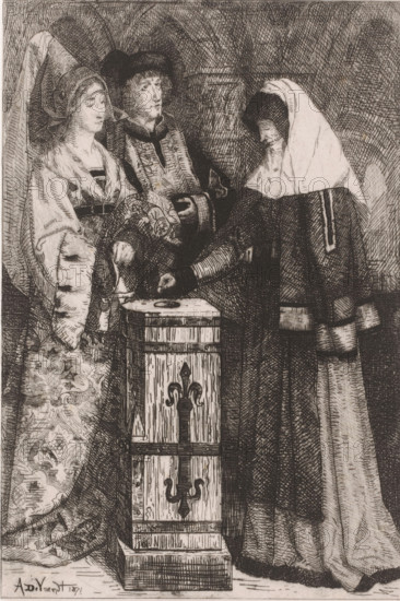Widow gives a gift, print, printmaker: Albrecht de Vriendt, 1871, paper, chine collé, etching, intaglio printmaking technique, retroussage, height 295 mm x width 202 mm, Later state appeared in: Album du journal des Beaux-Arts, dix eaux-fortes inédites. Brussels: Decq et al., 1871. On the front page of the publication titled: De Penning der Weduwe., offertory-box, offertory-bag, widow, A monochrome etching showing three robed figures standing around a tall wooden box with carved decorative motifs on its front; the figure on the left wears a patterned, flowing gown and a tall headdress with a veil, the central figure wears a dark hat and layered garments with a cloak, and the figure on the right wears a long dark robe with a pale hooded veil covering the head and shoulders while leaning forward; hands of the figures are visible near the top of the box, one hand extended over an opening; the background is filled with crosshatched shading and arch-like lines.
