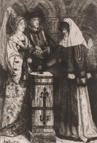 Widow gives a gift, print, printmaker: Albrecht de Vriendt, 1871, paper, chine collé, etching, intaglio printmaking technique, height 295 mm x width 203 mm, Later state of this print appeared in: Album du journal des Beaux-Arts, dix eaux-fortes inédites. Brussels: Decq et al., 1871. On the front page of the publication titled: De Penning der Weduwe., offertory-box, offertory-bag, widow, A detailed black-and-white etched scene shows three figures standing around a tall rectangular wooden box with carved decorative motifs; the central figure wears a wide-brimmed hat and a richly textured coat and looks forward, the figure to the left wears an elaborate patterned gown with a tall headdress and fur-trimmed sleeves, and the figure to the right is cloaked with a hooded head covering and a long dark robe reaching the floor, one hand extended toward the top of the box.