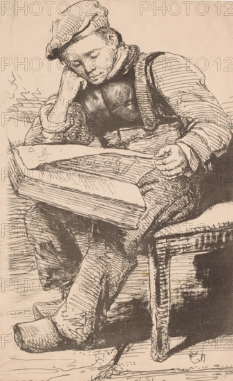 Boy leafing through an album, print, printmaker: Charles Augustin Wauters, 1821 - 1869, paper, lithography, lithografie, height 279 mm x width 184 mm, youth, adolescent, reading, book - MM - book open, A pen-and-ink drawing of a seated young person wearing a cap and loose clothing, leaning their head on one hand while looking down at an open book resting on their lap, with visible crosshatching and sketch lines defining the folds of the sleeves, the texture of the cap, the contours of the face, the details of the hands, the thick pages of the book, the bent knees and shoes, and part of a chair beside them.