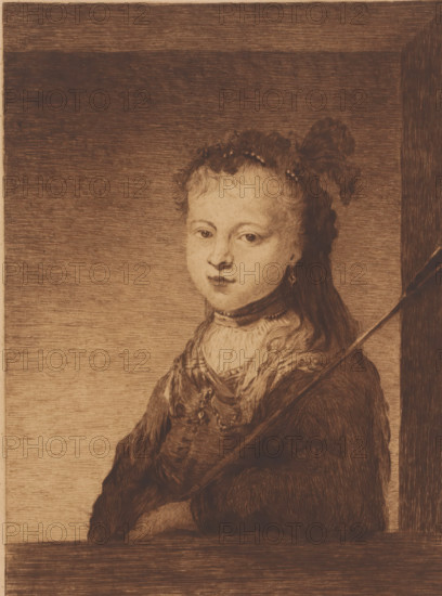 Girl as a shepherdess, print, inscription: '2e etat, quatre epreuves', printmaker: Elisa Weiler (signed by artist), after design by Alfred William Finch (possibly), 1875 - 1913, paper, drypoint, etching, height 280 mm x width 197 mm, herding, herdsman, herdswoman, shepherd, shepherdess, cowherd, girl (child between toddler and youth), A sepia-toned portrait of a young person shown from the torso up, facing slightly toward the viewer, with a softly rounded face and neutral expression. The subject has hair styled up with a ribbon or tie forming a small tuft at the back and delicate curls framing the forehead. They wear an ornate garment with visible folds and a textured collar or scarf around the neck, and a single dangling earring is visible on one ear. The background is a plain, horizontally textured surface enclosed by a darker bordered frame, and a slender diagonal rod or staff runs from the lower right toward the subject.