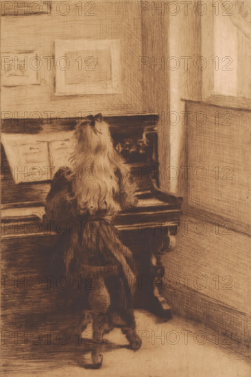 Girl at the piano, print, inscription: '2eme etat, trois epreuves', printmaker: Elisa Weiler (signed by artist), 1875 - 1913, paper, drypoint, etching, intaglio printmaking technique, height 276 mm x width 199 mm, one person playing keyboard instrument, girl (child between toddler and youth), clavichord, harpsichord, A sepia-toned image of a girl seated at a piano, seen from behind, with long wavy hair tied with a bow and wearing a dress; her hands rest on the piano keys and an open music book sits on the piano's stand; the piano has carved legs and decorative details, and the room shows wall paneling and framed pictures on the wall above the piano.