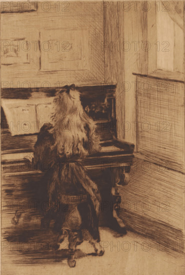 Girl at the piano, print, inscription: '1er etat, trois epreuves', printmaker: Elisa Weiler (signed by artist), 1875 - 1913, paper, drypoint, etching, intaglio printmaking technique, height 279 mm x width 200 mm, one person playing keyboard instrument, girl (child between toddler and youth), clavichord, harpsichord, A sepia-toned drawing shows a person with long, wavy hair seated on a round, carved stool facing a piano. The figure's back is to the viewer and hands rest near the piano keys. The piano has a raised music stand with open sheets visible and ornate legs. The room features paneled walls with framed rectangular shapes on the wall above the piano and vertical molding at the corner. Crosshatched shading and fine linear strokes render the floor and wall surfaces. The overall scene is rendered with sketch-like lines and tonal shading.