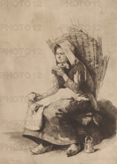 Woman with basket on her back blowing over a dish, print, printmaker: Adrien De Witte, c. 1891, paper, etching, intaglio printmaking technique, drypoint, height 299 mm x width 216 mm, Such a wicker basket was carried by a so-called 'botteresse'., adult woman, container made of plant material other than wood: basket, blowing, to cool food before eating, A seated woman wearing a hooded garment and layered dress sits with a woven basket-like backing behind her, holding a shallow bowl near her face with one hand while the other hand rests on her lap holding a small object; her head is slightly bowed and her facial features are rendered in fine lines, and a small metal pail sits on the ground by her feet.