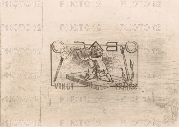 Vingt France, Two putti with dice, a torch and an anchor, print, At the top in mirror image the letters: BAC., printmaker: attributed to Adrien De Witte, 1860 - 1913, Attributed to, paper, etching, intaglio printmaking technique, height 177 mm x width 250 mm, cupids: 'amores', 'amoretti', 'putti', torch, parts of ship's exterior: anchor, dice-games, A rectangular framed sketch centered on a light, textured background shows two cherubic figures standing on a raised platform, one facing away and the other turned slightly with arms reaching toward each other; behind them are swirling, cloud-like lines. Flanking the frame are circular shapes and an anchor-like object on the right, and a long torch with a flame on the left. Above the figures are geometric shapes and linear elements, and faint scratches and smudges cover the surrounding paper.