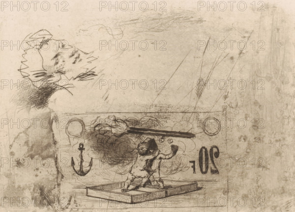 Study sheet with, among others, putti, a torch, anchor and head, print, printmaker: Adrien De Witte, 1860 - 1913, paper, etching, intaglio printmaking technique, height 179 mm x width 249 mm, cupids: 'amores', 'amoretti', 'putti', torch, parts of ship's exterior: anchor, A faded sketch on a textured beige background shows a loosely drawn profile of a face in the upper left, with jagged hairlines and crosshatched shading near the jaw, and a small cluster of scribbled marks suggesting an eye and nose; below and toward the center a rectangular bordered area contains a small figure standing on a raised platform, viewed from behind with one arm raised and curly hair, surrounded by swirling cloud-like scribbles and a dark elongated object above the figure; to the left of the figure within the bordered area is an anchor drawn with simple curved lines, and to the right are ornate curved shapes that mirror each other; the overall image contains many light pencil strokes, smudges, scratches, and...