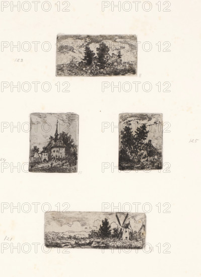Four landscapes, print, Four scenes on one sheet: Landscape with trees, Small church, House with two large trees, Mill by the water., printmaker: Arnoud Schaepkens, 1855 - 1904, paper, chine collé, etching, drypoint, etching and drypoint, height 345 mm x width 312 mm, landscapes, cottage, windmill in landscape, trees, church (exterior) - QQ - small church, chapel, A pale sheet with six small rectangular ink panels arranged vertically, each panel containing a monochrome landscape etching; the top panel shows dense foliage and shrubs under a textured sky; below it two side-by-side panels depict a building with a steeple amid trees on the left and a cluster of trees and a thatched-roof structure on the right; lower on the page a wider horizontal panel displays a riverbank scene with low vegetation and a windmill at the edge, all panels rendered in fine dark lines on the light background.
