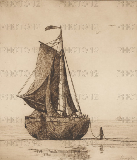 Fishing boat on the beach of Katwijk, print, Next to the boat a sailor carrying the anchor chain., printmaker: Alphonse Stengelin (signed by artist), 1862 - 1913, paper, etching, intaglio printmaking technique, etching with plate tone in brown, height 327 mm x width 287 mm, beach, sailing-ship, sailing-boat, commercial fishery, sea, A large sailboat seen from the stern with tall masts and furled sails rendered in fine line work, a flag at the top of the mast, rigging and ropes stretching down to the deck, detailed wood grain on the hull, a solitary figure standing on the shore holding a rope attached to the boat, a calm sea with subtle ripples, a distant smaller sailboat on the horizon, two small birds in the sky, and reflected line work in the water below.