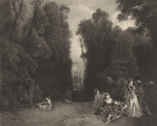 Garden party, Le pare, Ancient and contemporary artists, Les artistes anciens et moderns, print, Series number, 84, 240, inscription: 'Aug Allebé', printmaker: Célestin François Nanteuil, after painting by Jean Antoine Watteau, printer (person): Victor Jacques Bertauts, Paris, 1848 - 1862, printer (person), paper, chine collé, lithography, height 315 mm x width 447 mm, garden, festivities, A shaded, monochrome scene shows a tree-lined avenue with tall, dense foliage forming a canopy and a bright opening in the distance revealing an architectural archway. Along the pathway small groups of people in period clothing are gathered; some are seated on the ground or reclining while others stand and converse. Women wear long, flowing dresses with ruffled skirts and men wear fitted garments with decorative sleeves. A child is held by an adult and another child sits nearby. One figure walks toward the bright opening between the trees, and a small dog stands near the seated groups. The overall im...