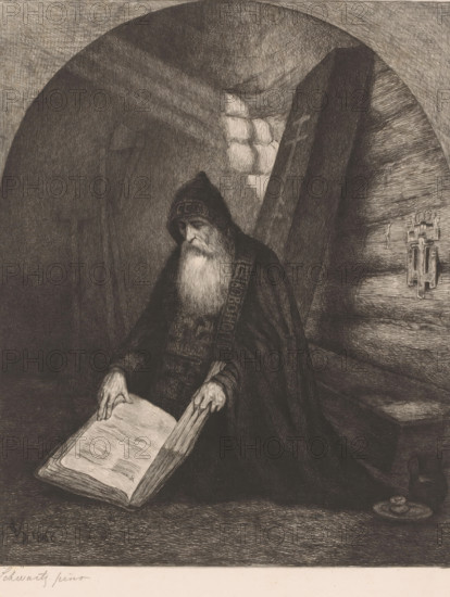 Orthodox monk or hermit kneeling with an open book, print, annotation: 'A mr. Allebé ... signature Mosolov', printmaker: Nikolay Semyonovich Mosolov (signed by artist), after painting by Schwärtz, 1857 - 1913, paper, chine collé, etching, drypoint, roulette, intaglio printmaking technique, height 294 mm x width 228 mm, book - MM - book open, monastic orders, monastic life, Eastern, Greek and Russian orthodox churches, An elderly bearded man wearing a hooded cloak sits with a large open book resting on his lap, his hands holding its edges; he appears inside a dim, arched interior with textured stone walls and a small window casting light; behind him a tall wooden beam leans against the wall and a metal wall fixture is mounted nearby; on the floor beside him a small plate with stacked round objects and a jug are visible.