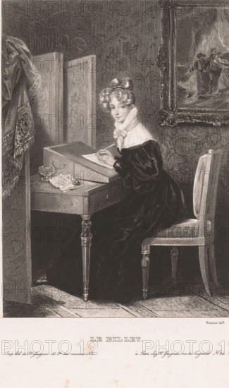 Le billet, Young woman writing a letter at a desk, print, printmaker: Hippolyte Louis Garnier, printer (person): Armand Pierre Henri Gaugain, Paris, c. 1827 - c. 1830, printer (person), paper, lithography, height 484 mm x width 320 mm, adult woman, writing-table, writing-desk, letter, envelope, A seated woman in a dark, full-length dress and a light ruffled collar sits at a writing desk, turned slightly toward the viewer with her hands resting on a sloped writing surface and a pen poised above a sheet of paper, her hair arranged in curled ringlets with a ribbon on top and a calm facial expression; the desk holds a small dish and folded papers, and a chair with a cushioned seat is beside her; behind her a folding screen with ornate patterns and a draped decorative textile are visible, and a framed painting hangs on the wall showing two figures in flowing garments; the floor is wooden and the scene is rendered in a detailed monochrome style.
