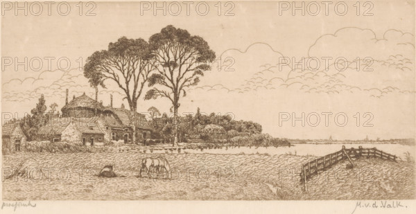 Landscape with meadows, water and farm, print, printmaker: Maurits van der Valk (signed by artist), 1867 - 1914, paper, etching, intaglio printmaking technique, etching with plate tone, proof print, height 96 mm x width 196 mm, meadow, pasture, polder, reclaimed land, farm or solitary house in landscape, A sepia-toned landscape drawing shows a rural scene with a cluster of thatched and tiled roof cottages partially obscured by tall, leafy trees, with detailed branches and foliage rendered above the buildings. In the foreground a field with textured grass occupies most of the view, with a grazing horse near the center and a rounded haystack and a small bundled object to the left. A narrow ditch or stream runs across the right foreground toward a wooden fence that curves along the bank. Low shrubbery and hedges separate the cottages from the field, and a distant low horizon with faint architectural outlines is visible beneath a sky filled with layered, rounded cloud formations.